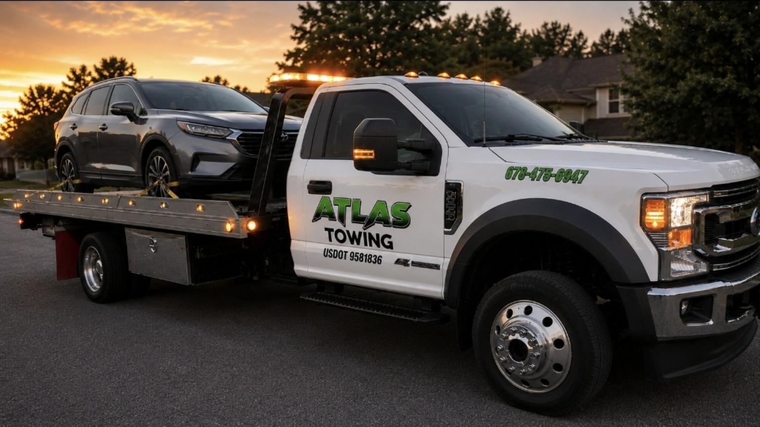 Atlas Towing tow truck carrying a vehicle